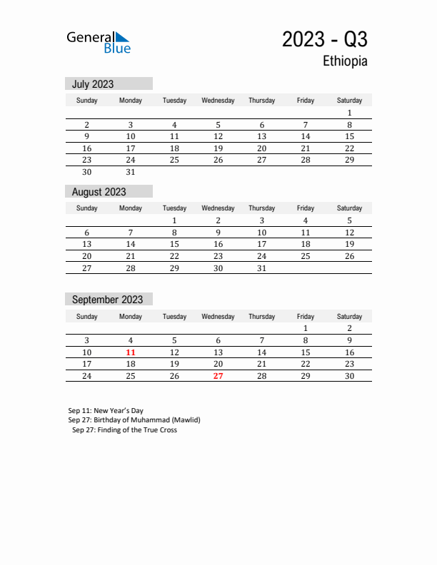 Ethiopia Quarter 3 2023 Calendar with Holidays