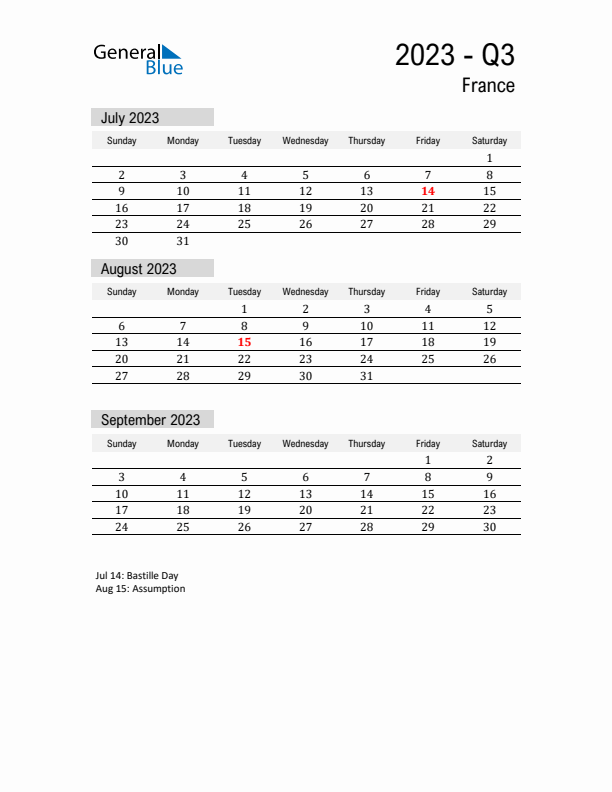 France Quarter 3 2023 Calendar with Holidays