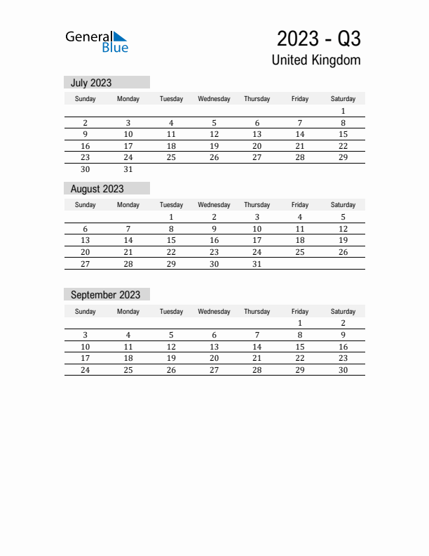 United Kingdom Quarter 3 2023 Calendar with Holidays