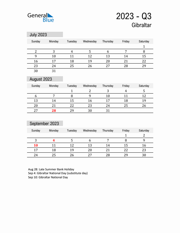 Gibraltar Quarter 3 2023 Calendar with Holidays