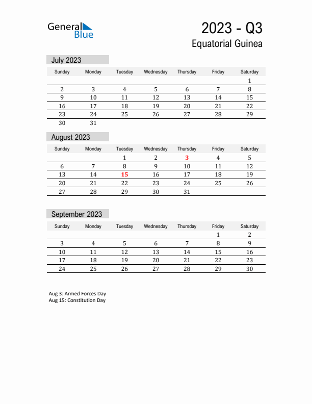 Equatorial Guinea Quarter 3 2023 Calendar with Holidays