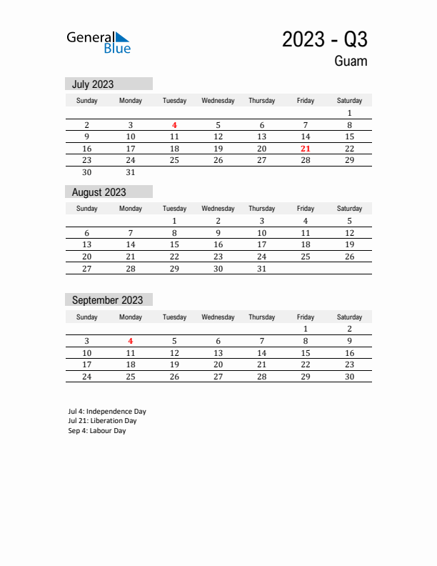 Guam Quarter 3 2023 Calendar with Holidays