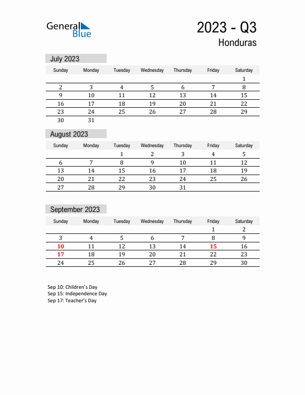 Honduras Quarter 3 2023 Calendar with Holidays