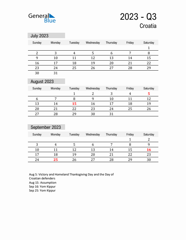 Croatia Quarter 3 2023 Calendar with Holidays