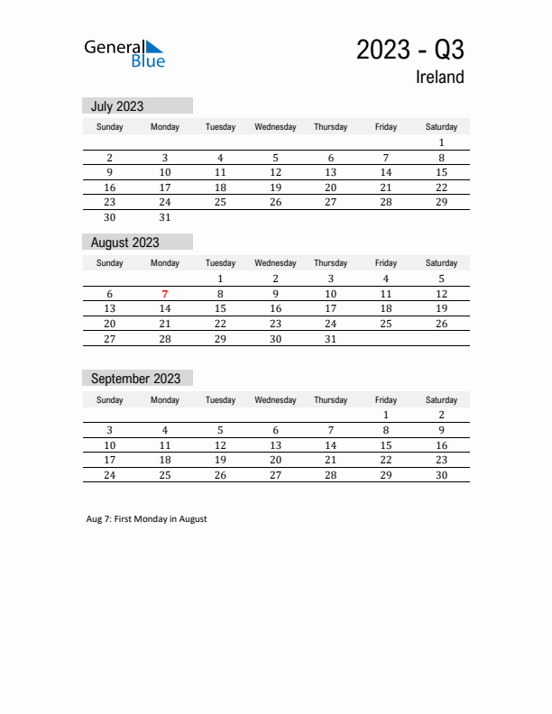 Ireland Quarter 3 2023 Calendar with Holidays