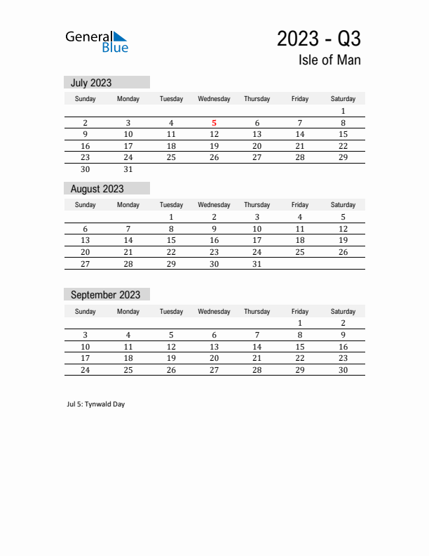 Isle of Man Quarter 3 2023 Calendar with Holidays