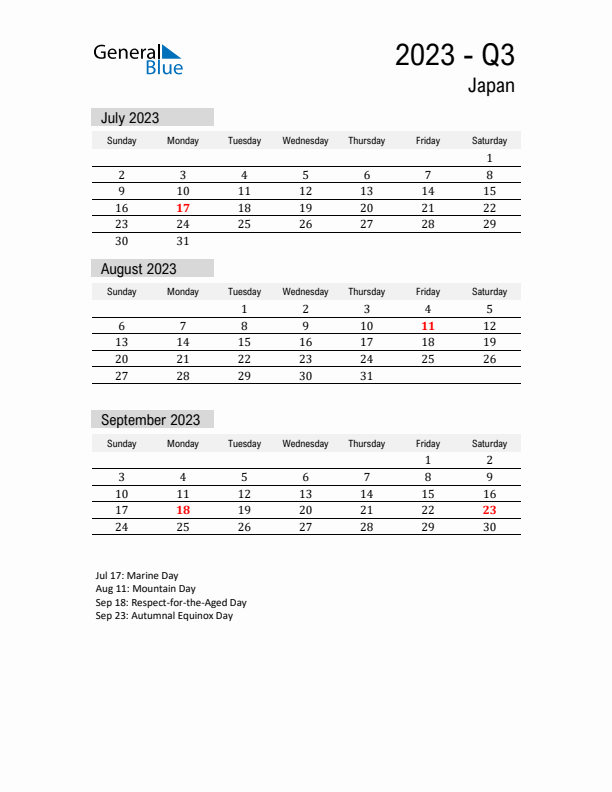 Japan Quarter 3 2023 Calendar with Holidays