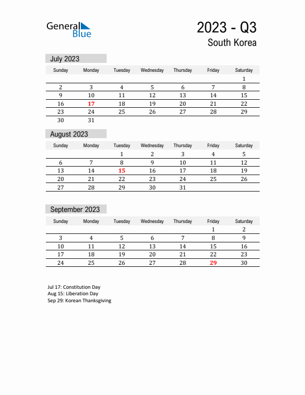 South Korea Quarter 3 2023 Calendar with Holidays