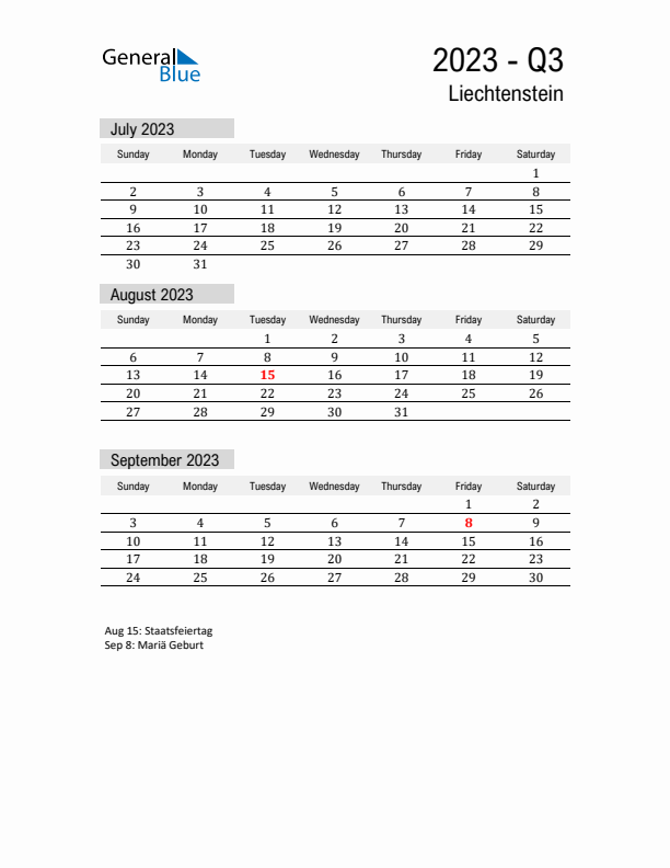 Liechtenstein Quarter 3 2023 Calendar with Holidays