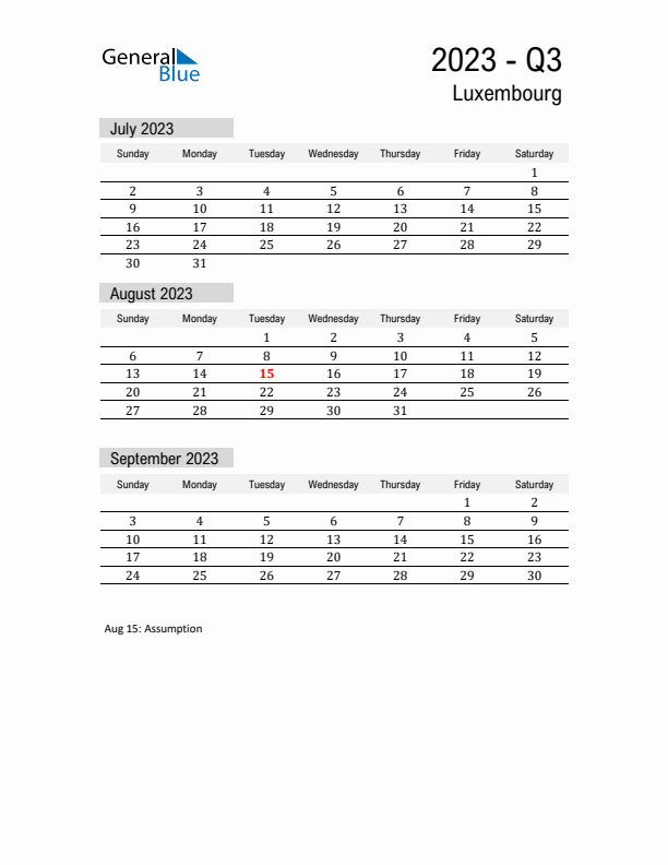 Luxembourg Quarter 3 2023 Calendar with Holidays