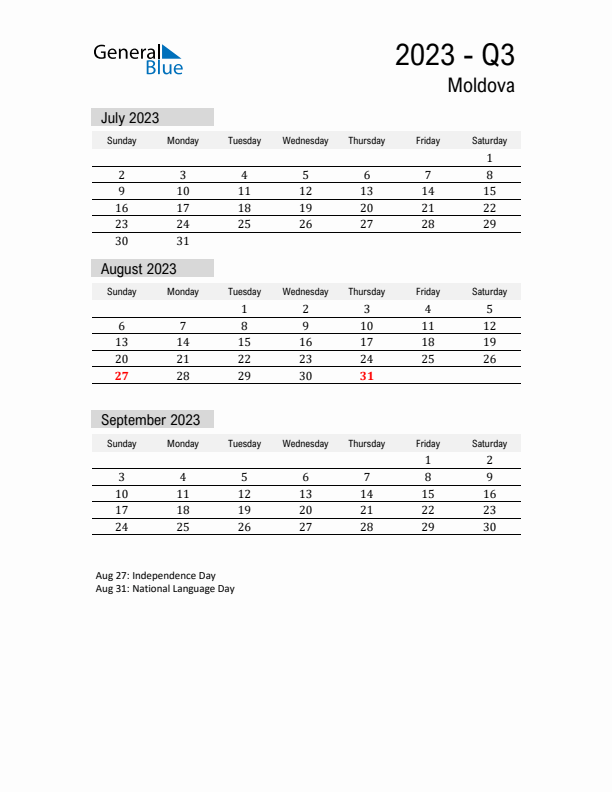 Moldova Quarter 3 2023 Calendar with Holidays