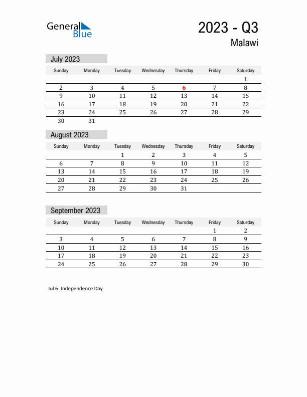 Malawi Quarter 3 2023 Calendar with Holidays