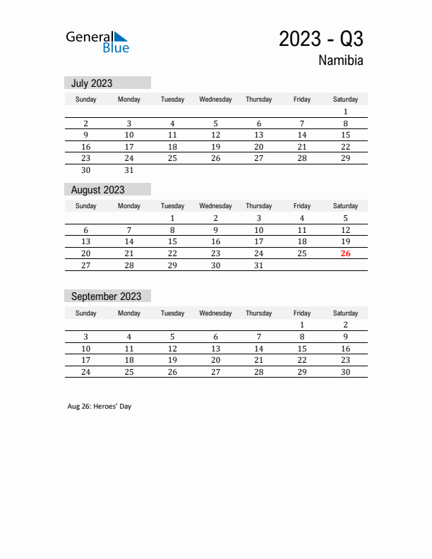 Namibia Quarter 3 2023 Calendar with Holidays