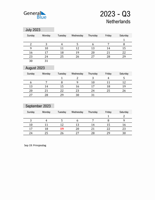 The Netherlands Quarter 3 2023 Calendar with Holidays