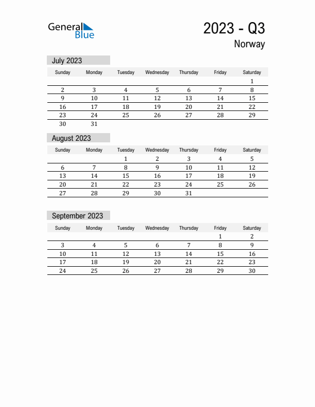 Norway Quarter 3 2023 Calendar with Holidays