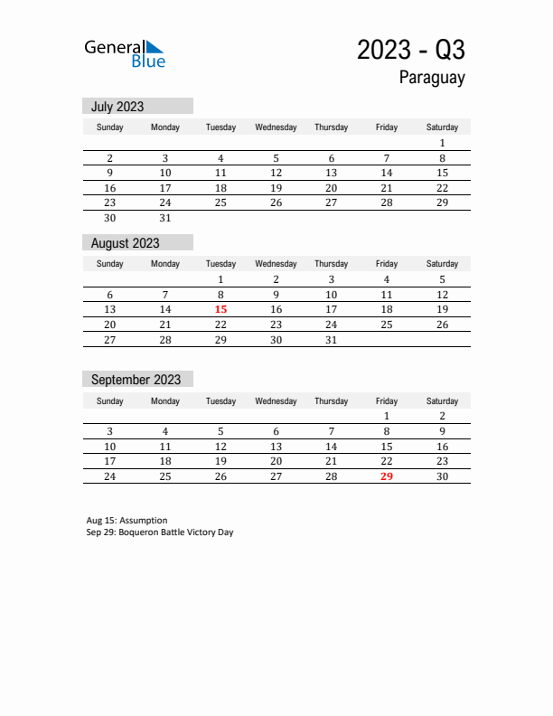 Paraguay Quarter 3 2023 Calendar with Holidays