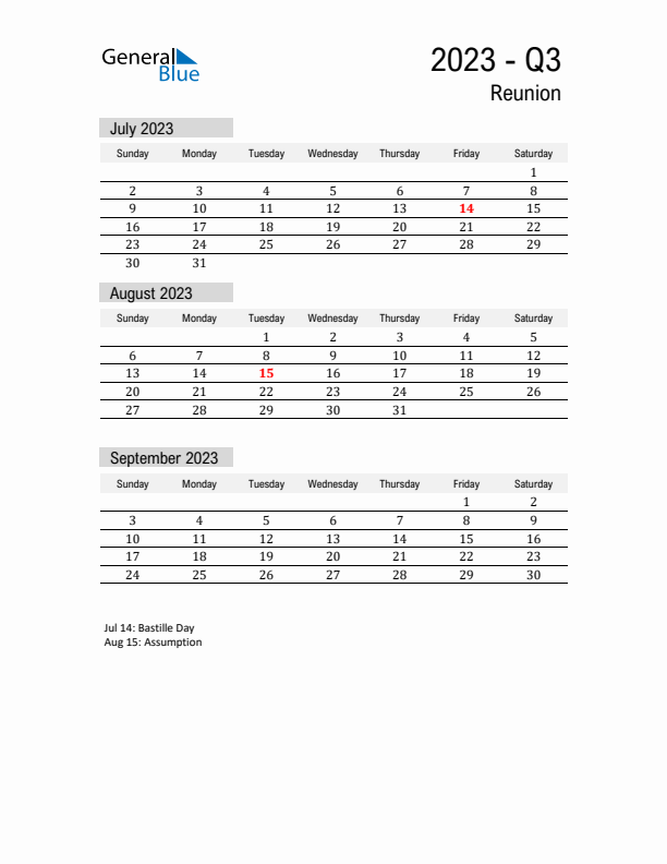 Reunion Quarter 3 2023 Calendar with Holidays