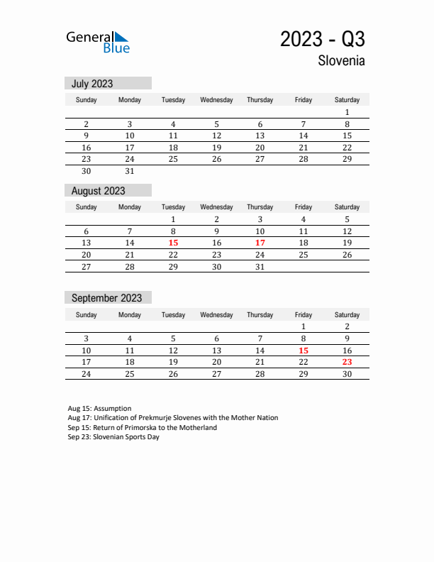 Slovenia Quarter 3 2023 Calendar with Holidays