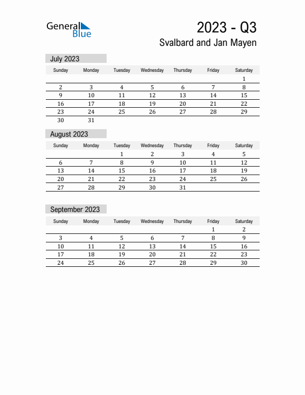 Svalbard and Jan Mayen Quarter 3 2023 Calendar with Holidays