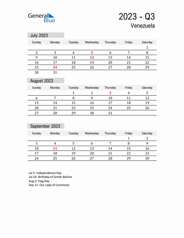 Venezuela Quarter 3 2023 Calendar with Holidays