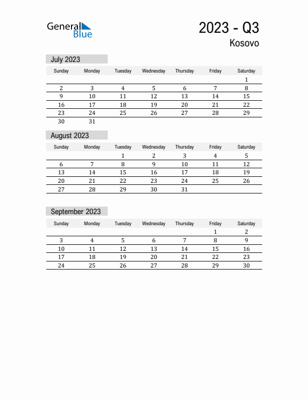 Kosovo Quarter 3 2023 Calendar with Holidays