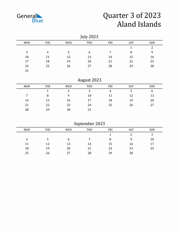 Quarter 3 2023 Aland Islands Quarterly Calendar