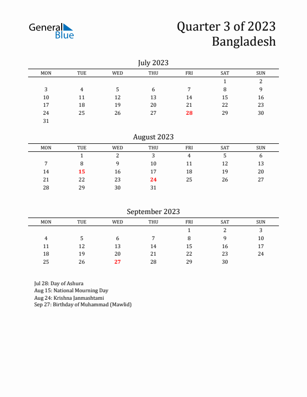 Quarter 3 2023 Bangladesh Quarterly Calendar