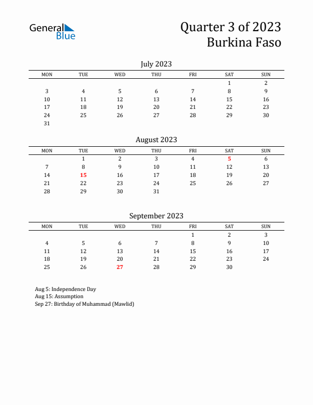 Quarter 3 2023 Burkina Faso Quarterly Calendar