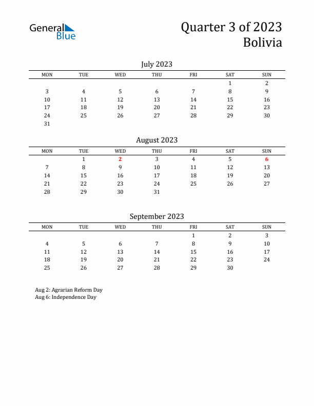 Quarter 3 2023 Bolivia Quarterly Calendar