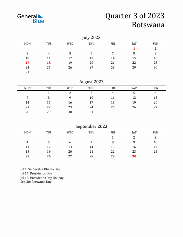 Quarter 3 2023 Botswana Quarterly Calendar