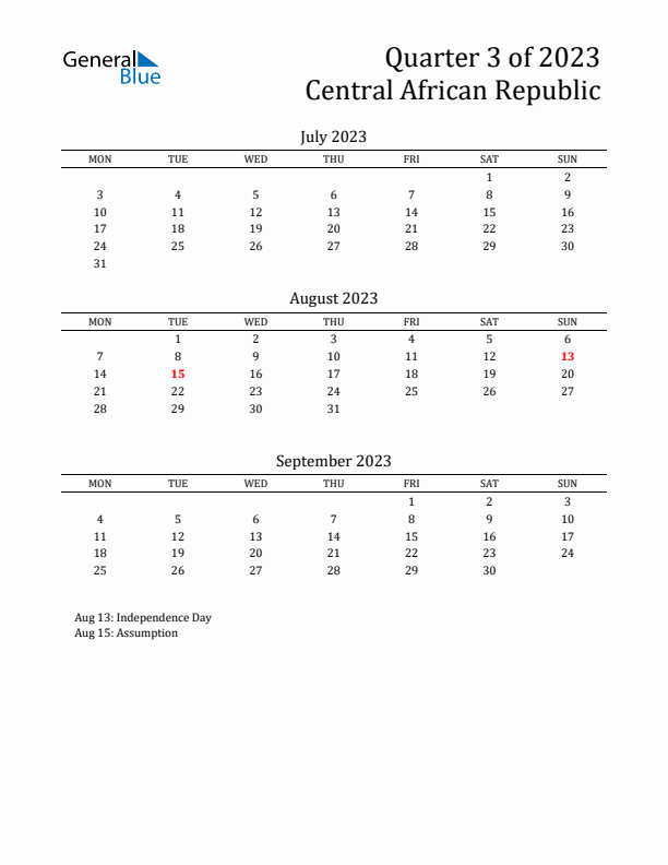 Quarter 3 2023 Central African Republic Quarterly Calendar