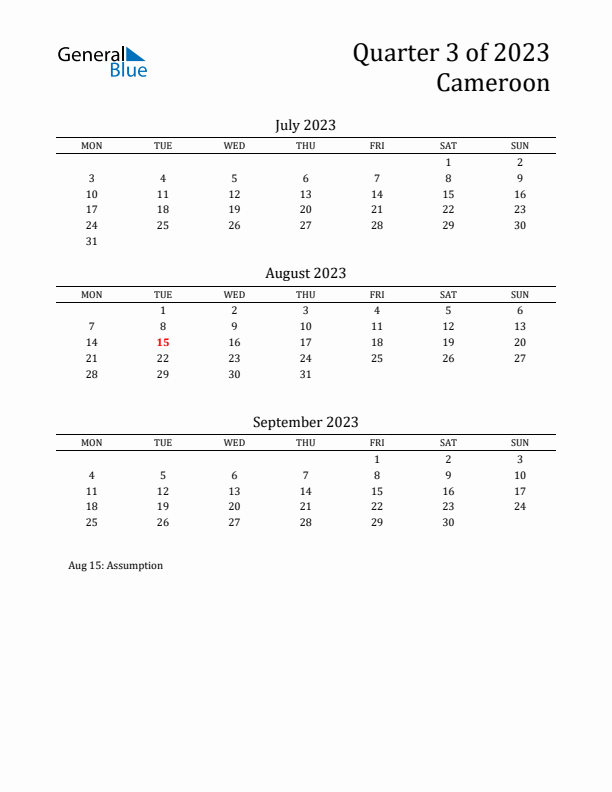 Quarter 3 2023 Cameroon Quarterly Calendar