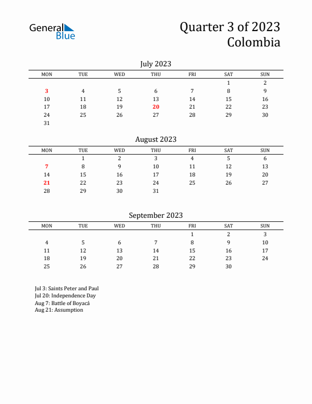 Quarter 3 2023 Colombia Quarterly Calendar