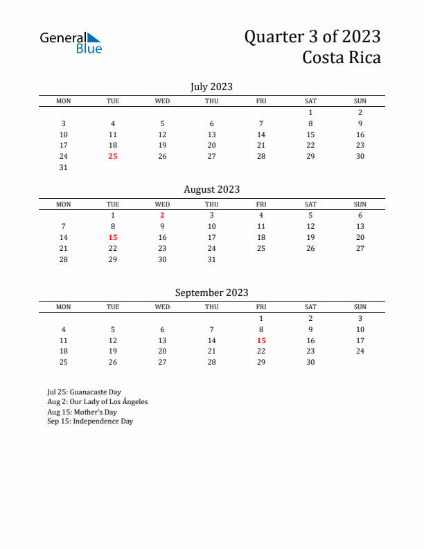 Quarter 3 2023 Costa Rica Quarterly Calendar