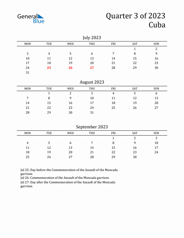 Quarter 3 2023 Cuba Quarterly Calendar