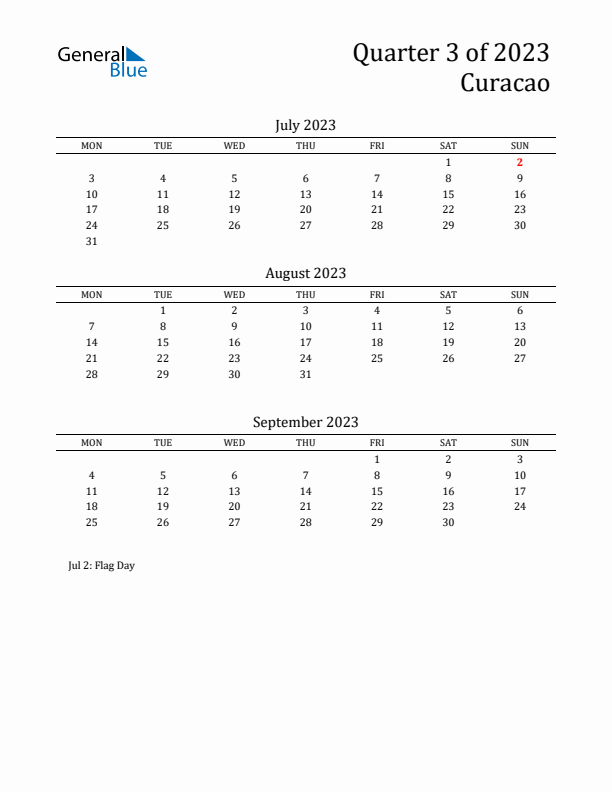 Quarter 3 2023 Curacao Quarterly Calendar