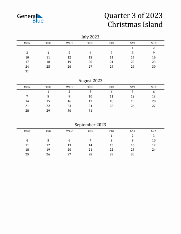 Quarter 3 2023 Christmas Island Quarterly Calendar