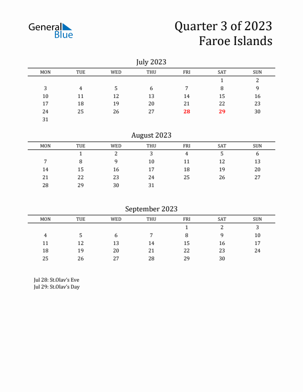 Quarter 3 2023 Faroe Islands Quarterly Calendar