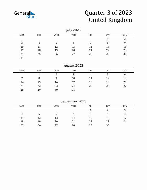 Quarter 3 2023 United Kingdom Quarterly Calendar