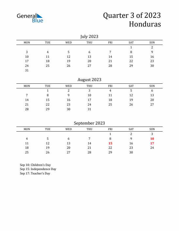 Quarter 3 2023 Honduras Quarterly Calendar