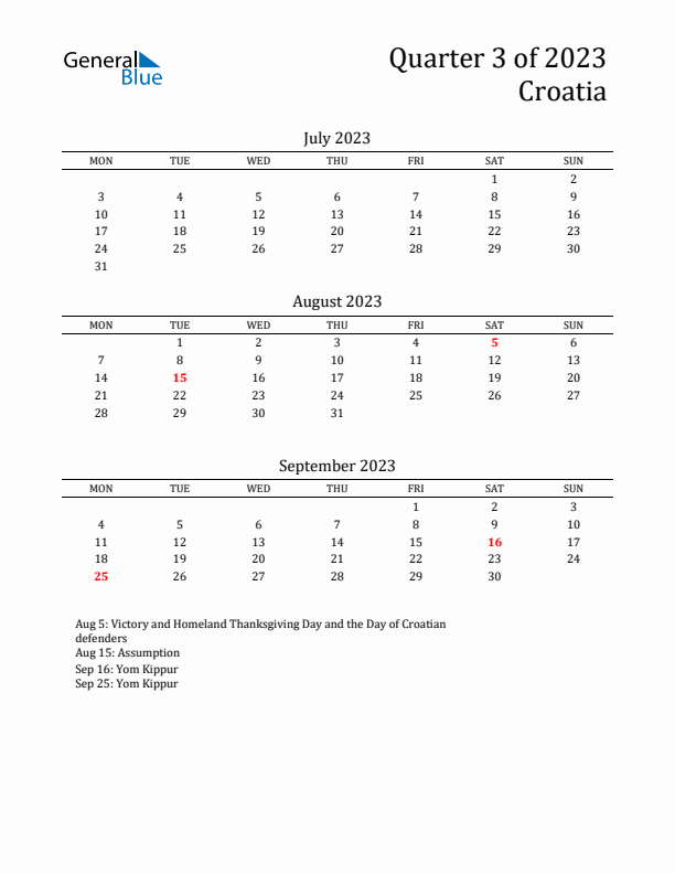 Quarter 3 2023 Croatia Quarterly Calendar