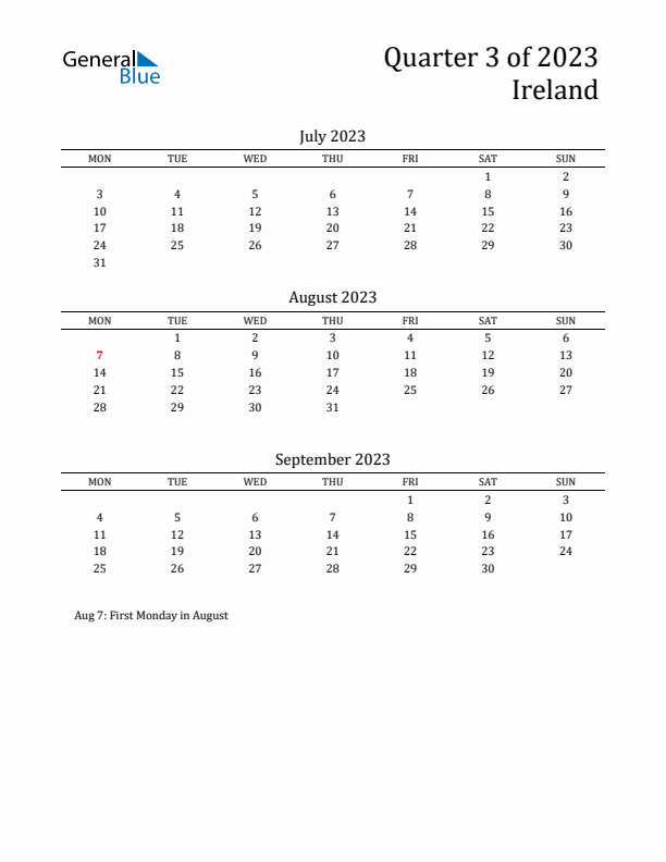 Quarter 3 2023 Ireland Quarterly Calendar