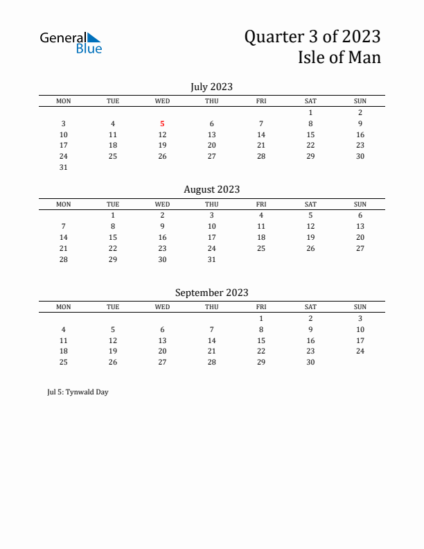 Quarter 3 2023 Isle of Man Quarterly Calendar