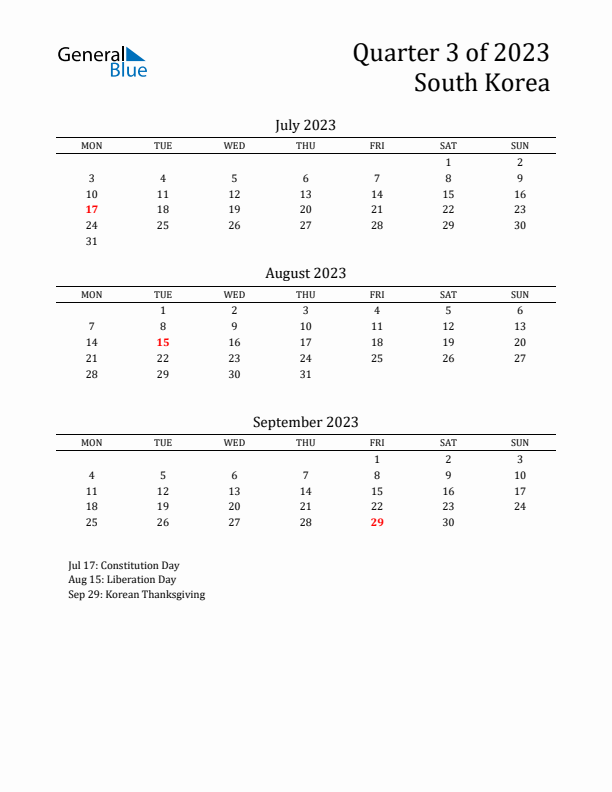 Quarter 3 2023 South Korea Quarterly Calendar