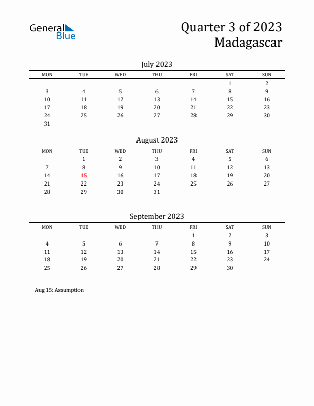 Quarter 3 2023 Madagascar Quarterly Calendar