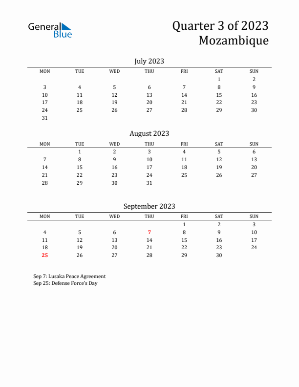 Quarter 3 2023 Mozambique Quarterly Calendar