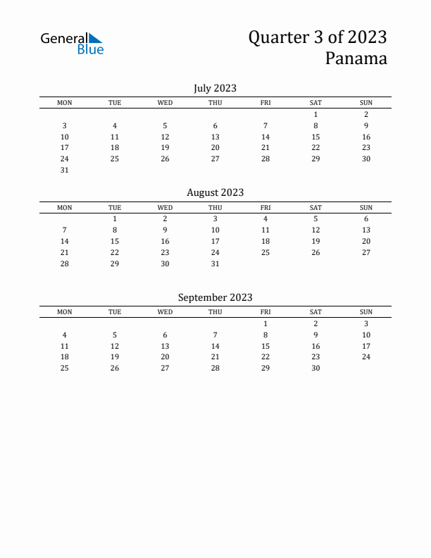 Quarter 3 2023 Panama Quarterly Calendar