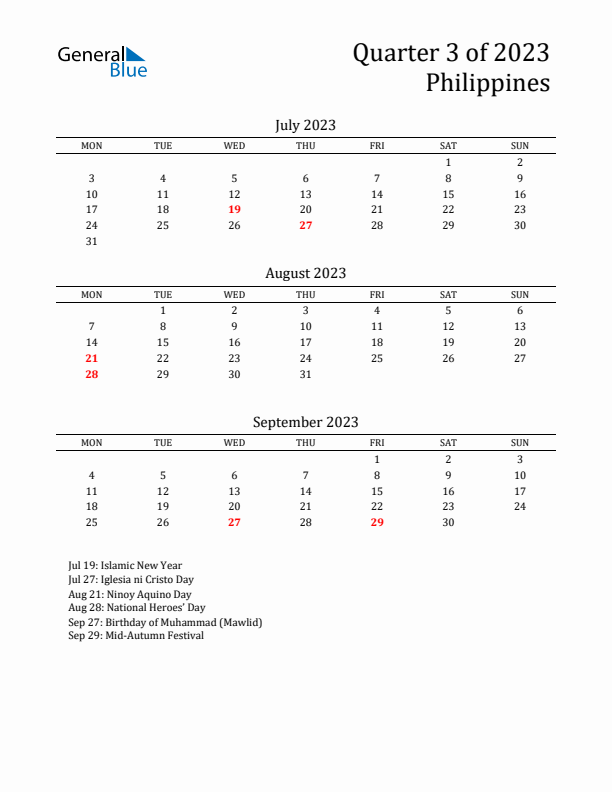 Quarter 3 2023 Philippines Quarterly Calendar