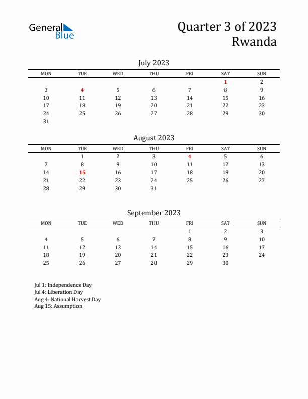 Quarter 3 2023 Rwanda Quarterly Calendar