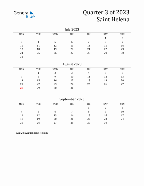 Quarter 3 2023 Saint Helena Quarterly Calendar